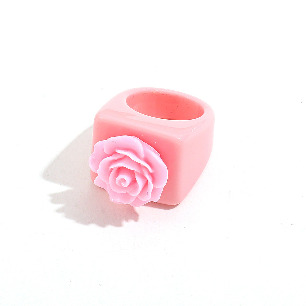 Asian Culture Black White Rose Resin Fashion Pink Decorative Punk Ring