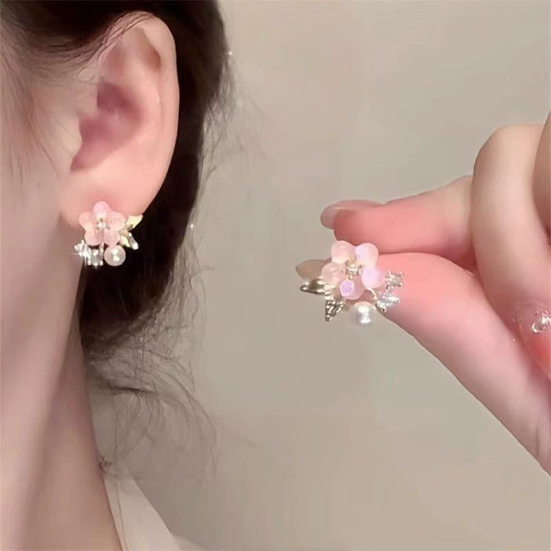Super Fairy Gentle Pink Versatile Pearl Flower Female Sweet High Stud Earrings