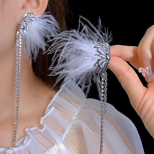 Sier Needle Asymmetric Feather Butterfly Tassel Niche Personality Earrings