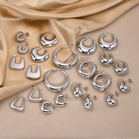 Exaggerated Stainless Steel Hollow Geometric U-shaped Curved Rings