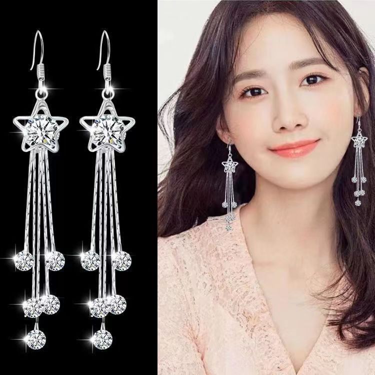 Women's Sier Needle Pentagram Tassel Graceful Long Earrings