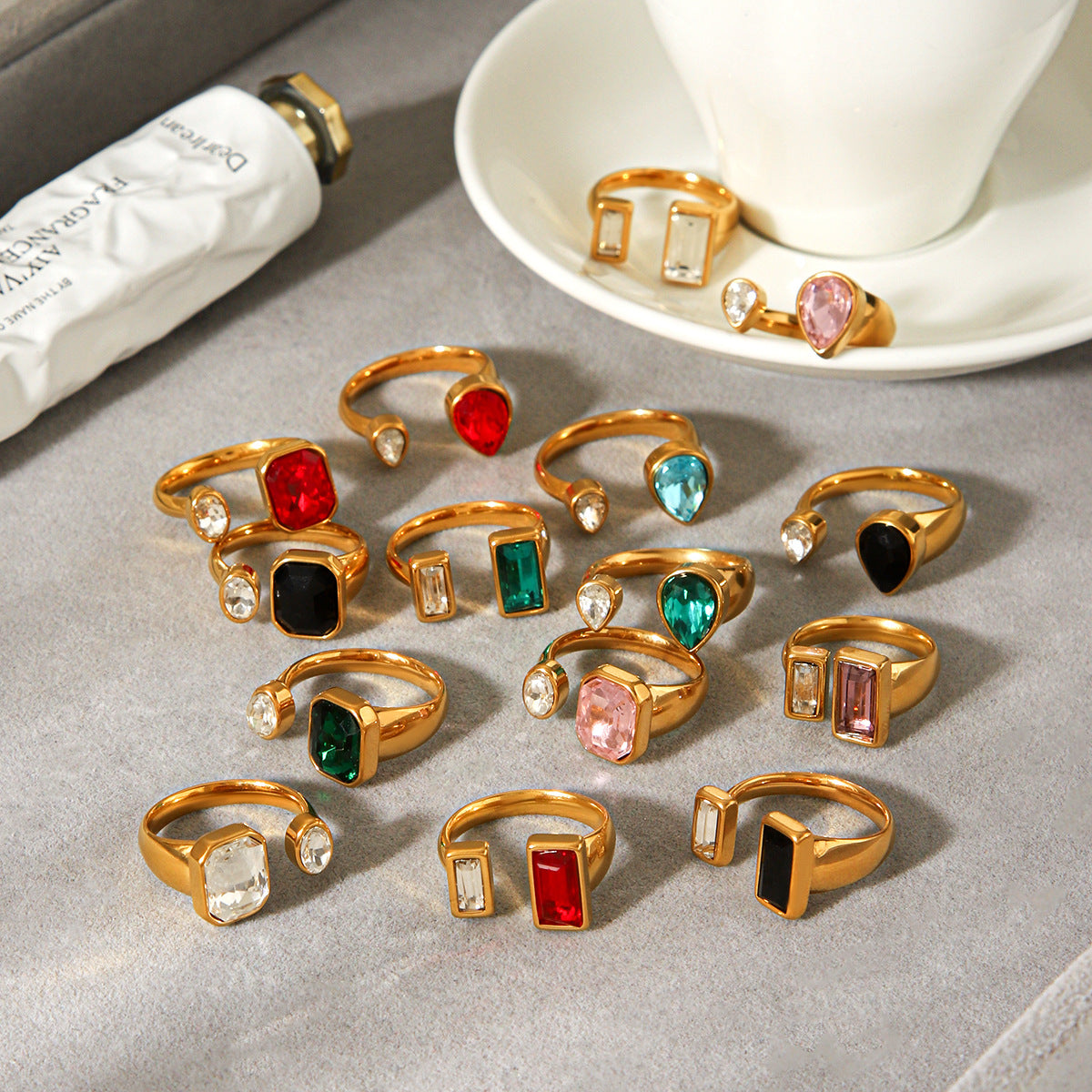 Geometric Zircon Light Luxury High-grade Stainless Steel Open Female Rings