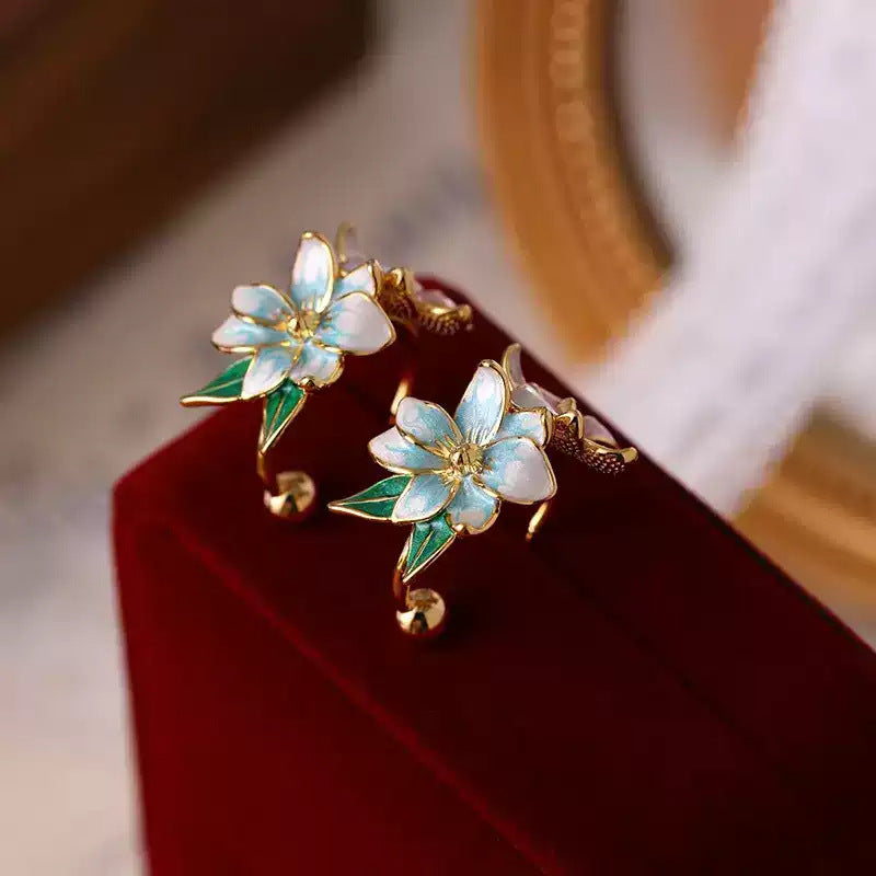 Enamel Colored Drip Glaze Flower Shaped Sier Pin High-grade Earrings