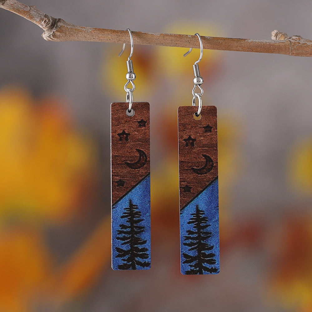 Women's Western Style Pine Star Moon Rectangular Geometric Earrings