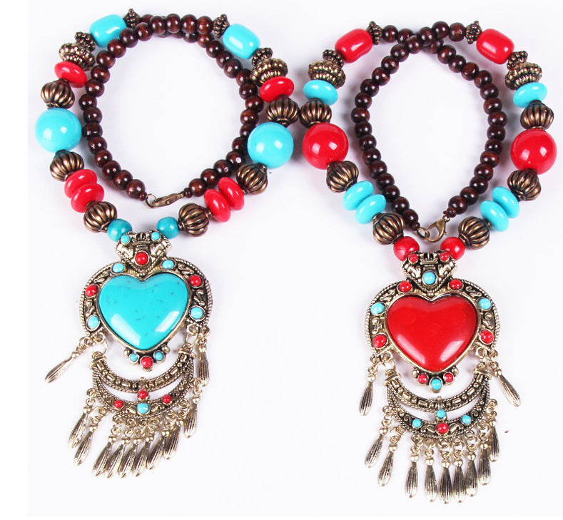 Gem Peach Heart Water Drop Sweater Chain Ethnic Necklaces