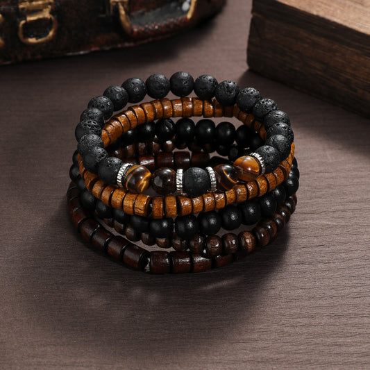Men's Volcanic Rock Tigereye Wooden Bead Stretch Bracelets
