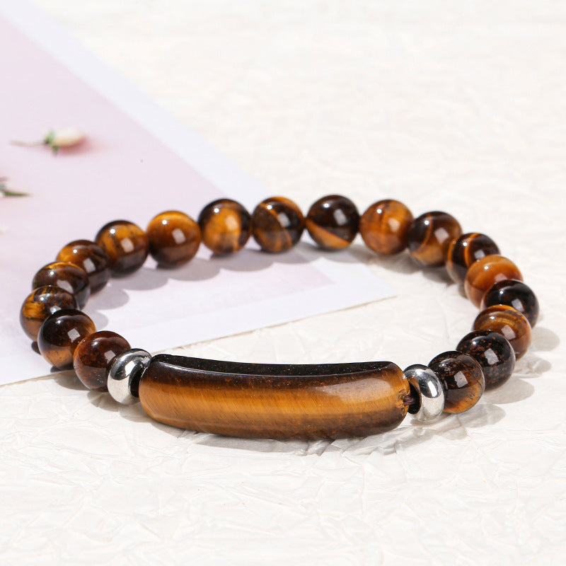 Pink Crystal Green Tiger Eye Rough Stone Simple Bracelet