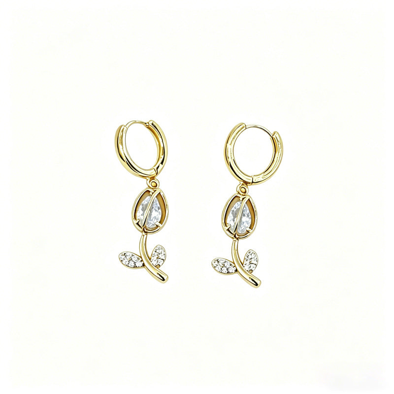 Women's Fashion Tulip Ear Clip Zircon Special Interest Light Luxury Jewelry Set