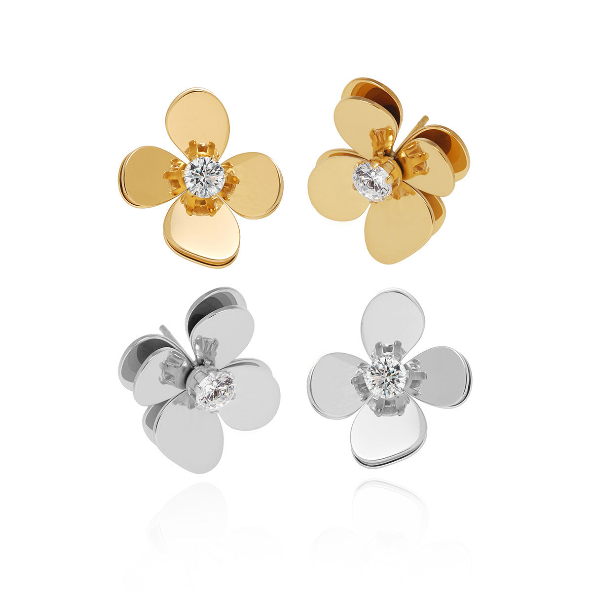 Daisy Rhinestones White Zircon Flower Cold Rich Titanium Steel Stud Earrings