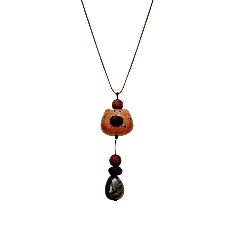 Wooden Tigereye Puppy Bear Female Winter Cute Design Sweater Chain Necklace