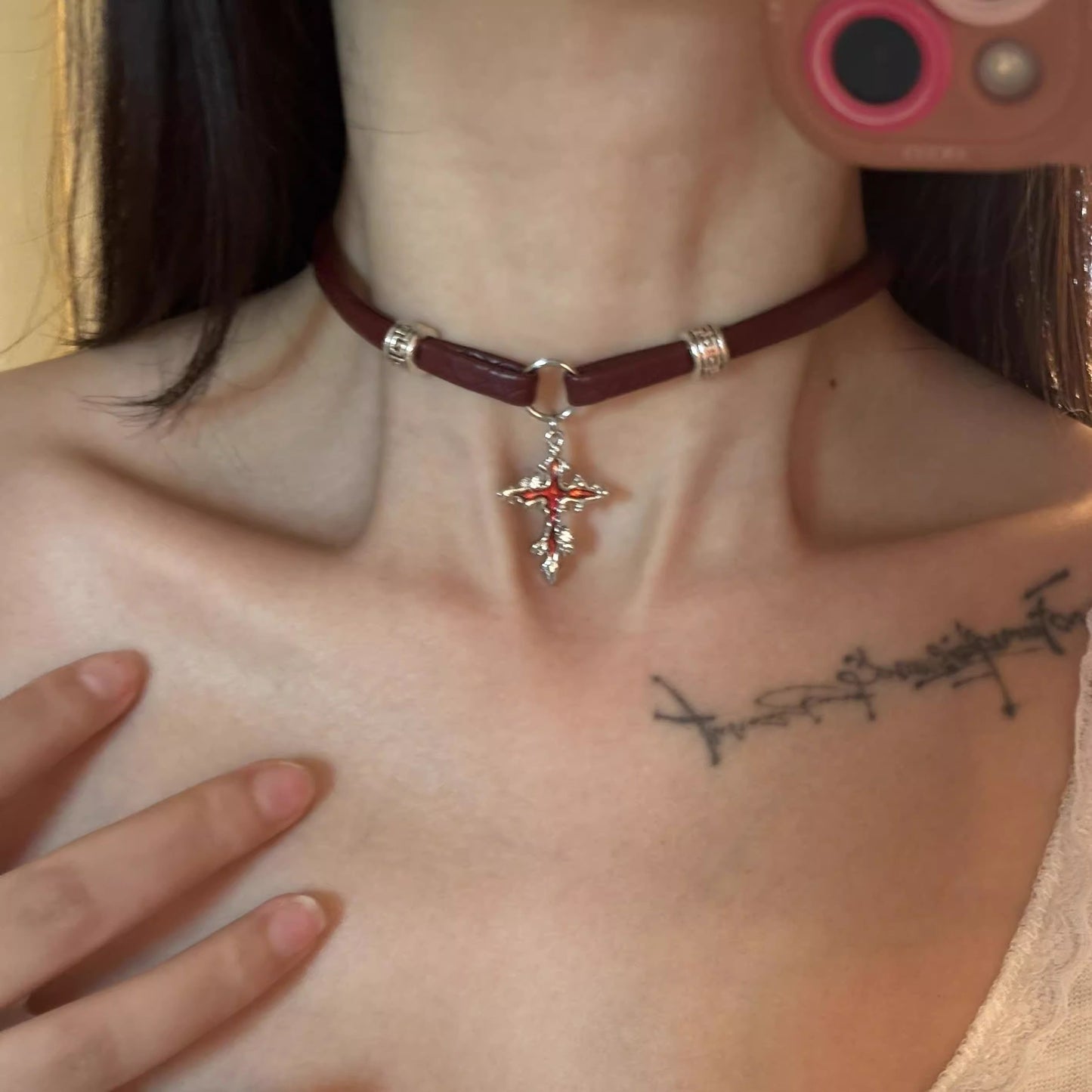 Style Leather Collar Wine Red Cross Clavicle Pendants