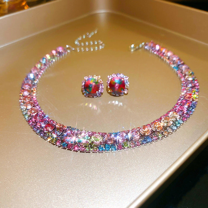 Colorful Diamond Geometric Square Ear Fashion Short Light Jewelry Set