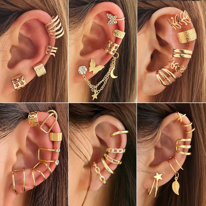 Rhinestone Butterfly Hollow Cartilage Fashion Star Moon Integrated Chain Ear Stud Earrings