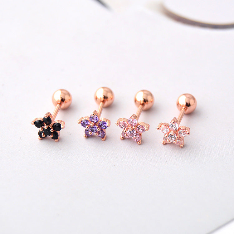 Flowers Female Screw Pattern Zircon Ear Earrings