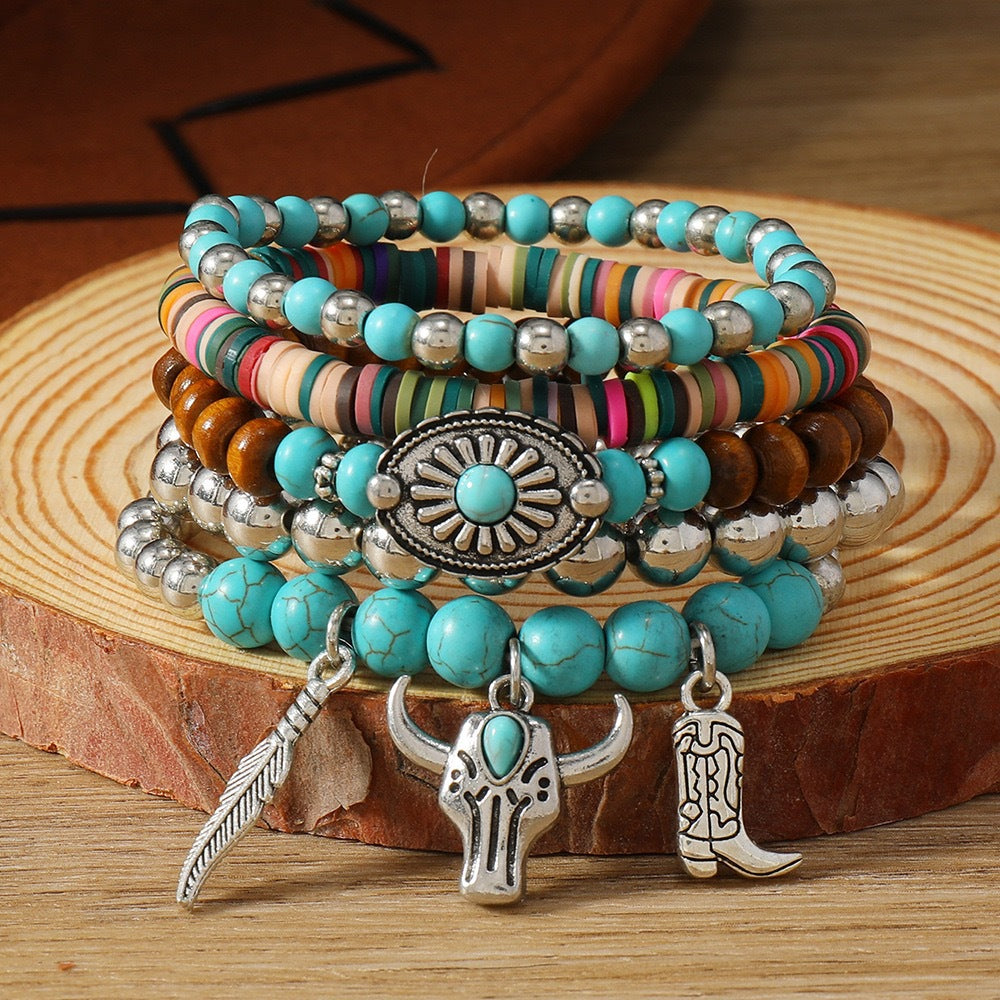 Wooden Bead Leather Rope Twin Ethnic Bracelet