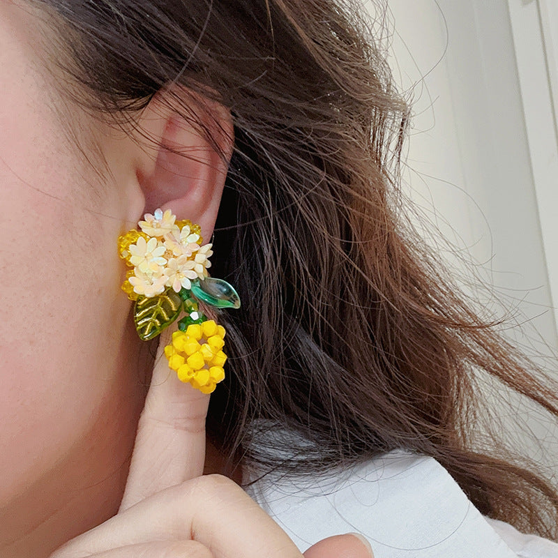 Crystal Handmade Beaded Weave Personality Pastoral Style Mori Cute Vitality Stud Earrings