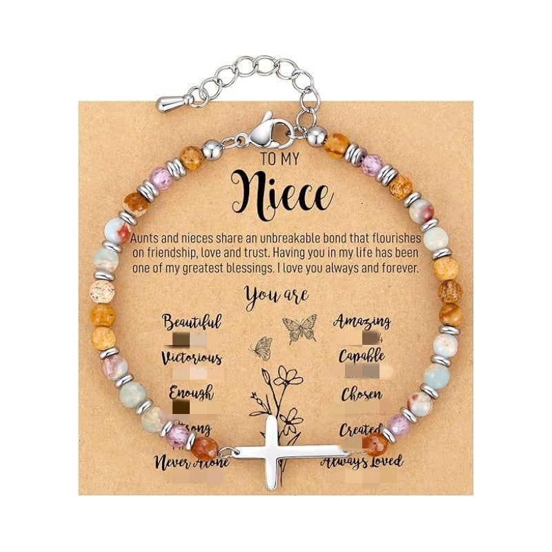 Women's Natural Stone Beaded Cross Lobster Buckle Adjustable Band Bracelet