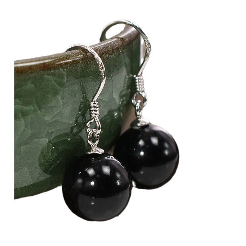 Women's Agate Sier Ear Hook Green Chalcedony Yellow Black Earrings