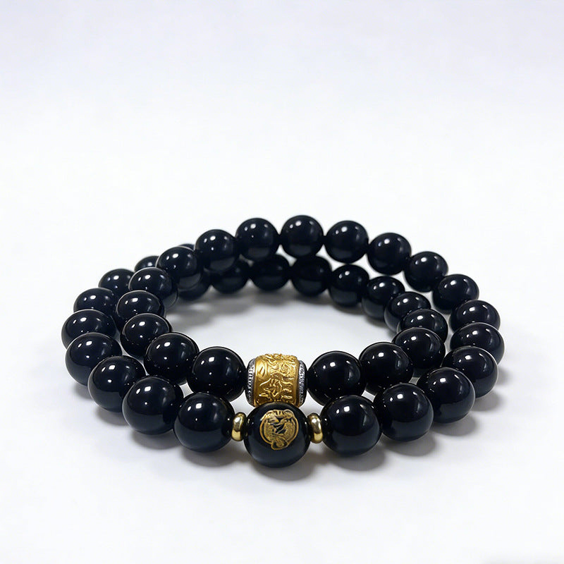 Men's Natural Obsidian Zodiac Natal Buddha Double Simple Bracelet