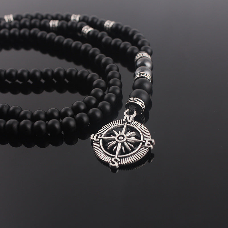 Imitation Matte Black Agate Alloy Compass Necklace