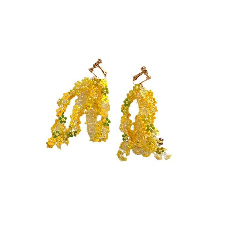Imported Laser Flower Handmade Ear Clip Beaded Combination Earrings