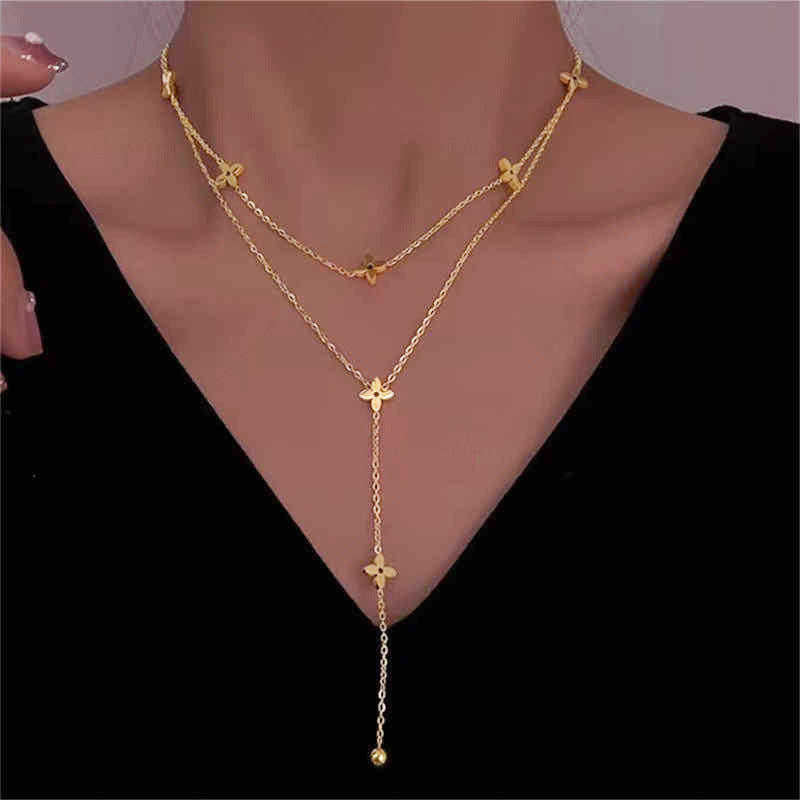 Women's Steel Tassel Chain Cruciate Flower Clavicle Necklaces