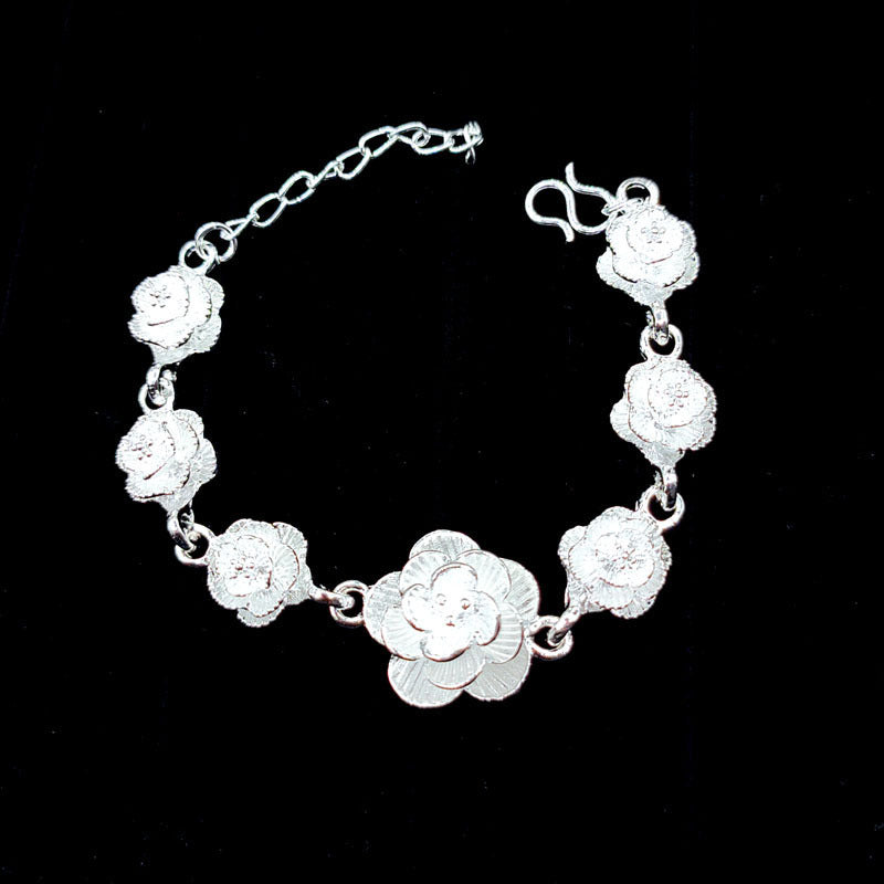 Vintage Sweater Chain Long Rose Flower Brushed Sier Plated Tourist Jewelry Set