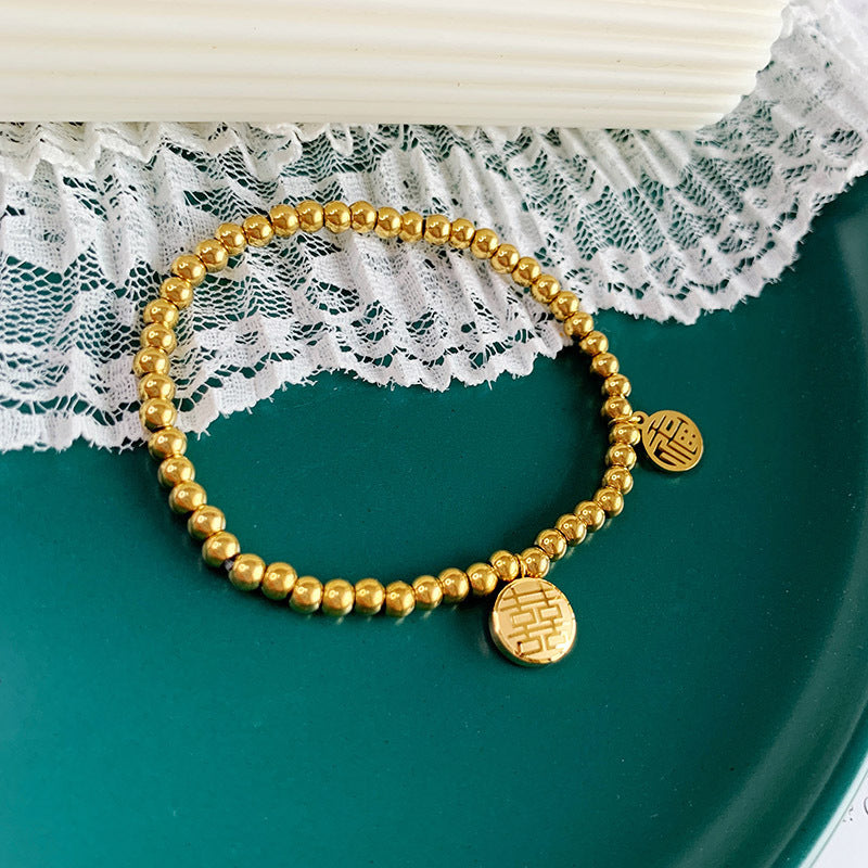Beads Round Stretch Female Design Titanium Steel Golden Hollow Blessing Bracelet