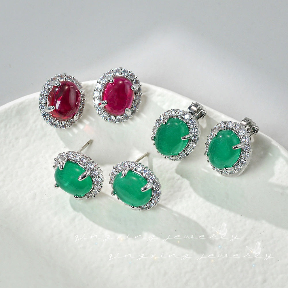 Needle Natural Iced Green Chalcedony Red Corundum Ear Clip Big Rings