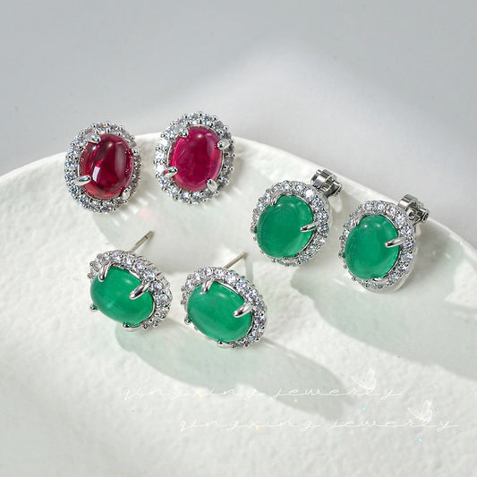 Needle Natural Iced Green Chalcedony Red Corundum Ear Clip Big Rings