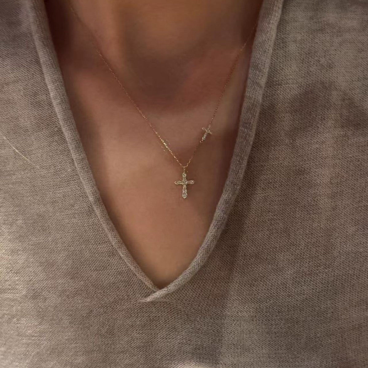 Women's Sier-plated Gold Double Cross Flash Exquisite Simple High-grade Sense Necklace