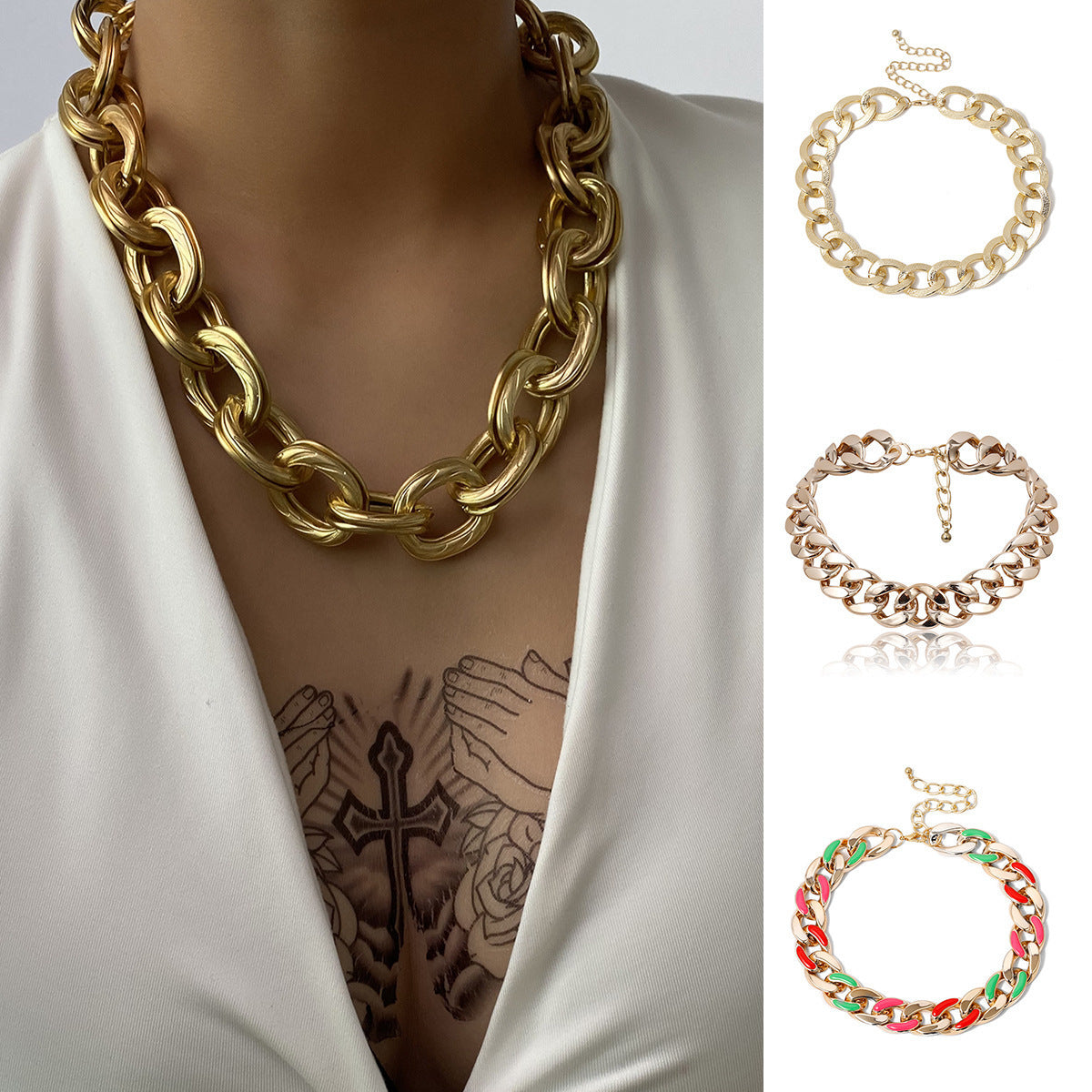 Hop Style Punk Rock Thick Chain Exaggerated Hemp Surface Metal Necklaces