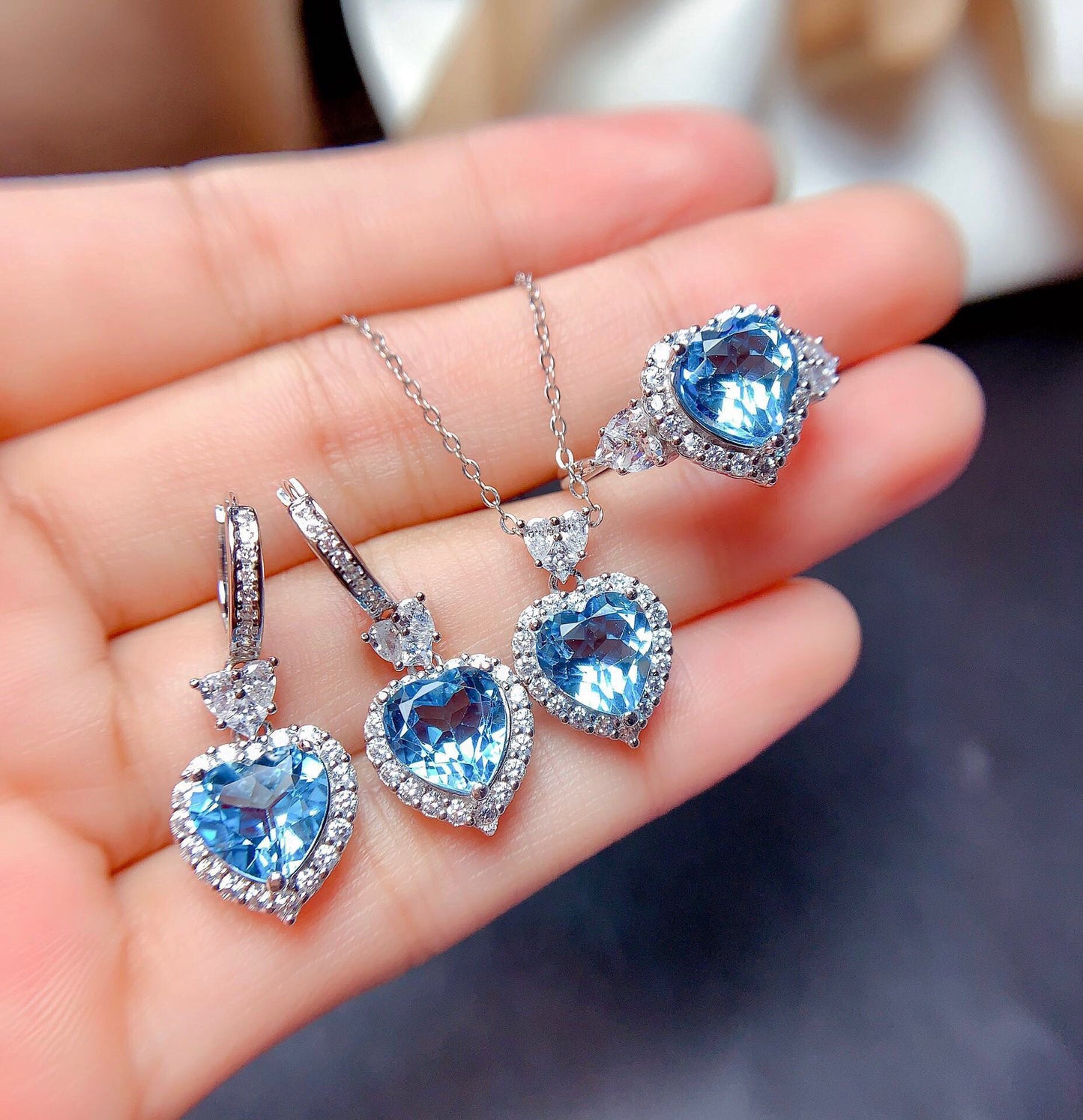 Live Broadcast Three-piece Colored Gems Ear Combination Personality Necklaces