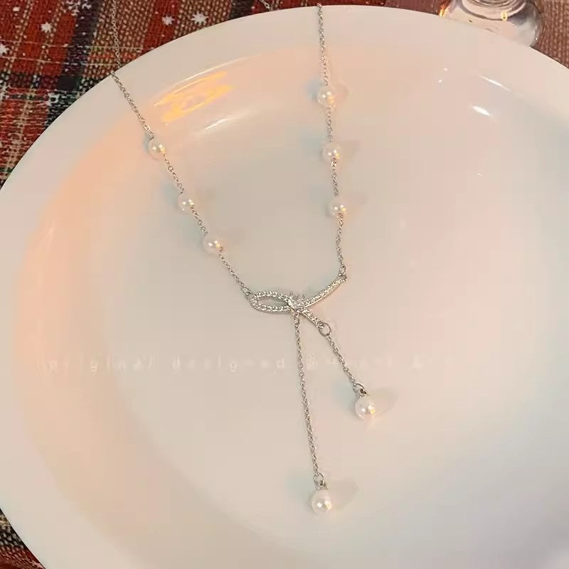 Female Bow Pearl Tassel Clavicle Chain Temperament Necklace
