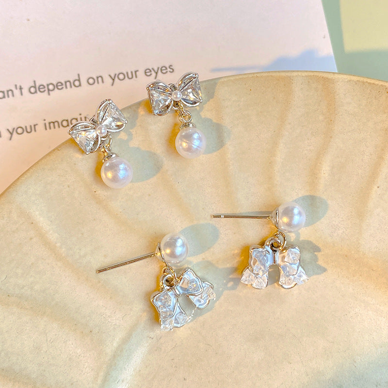 Women's Fairy Pearl Bow Blue Light Luxury Earrings