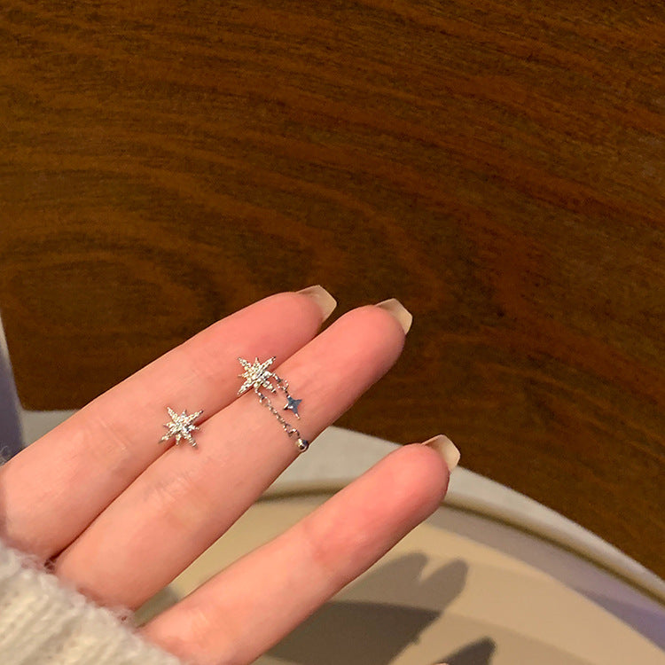 Needle Asymmetric Eight Awn Star Design Exquisite Versatile Female Stud Earrings
