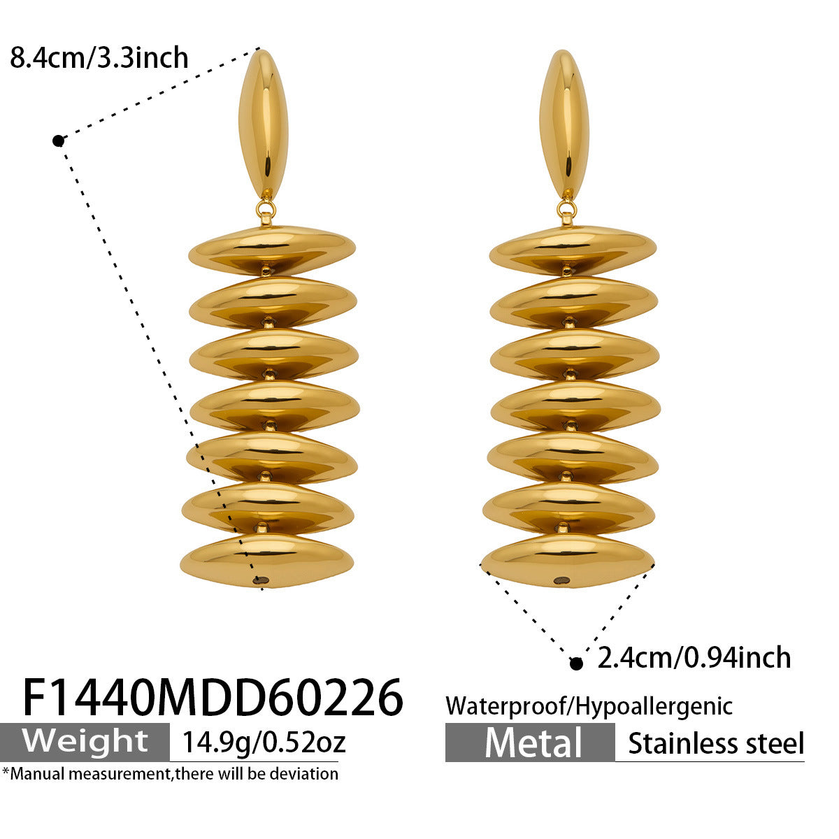Women's Stainless Steel Beaded Long Real Gold Exaggerating Earrings