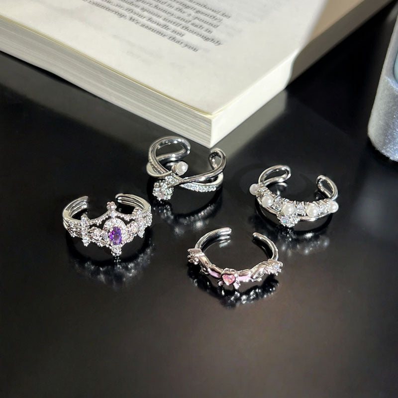 Layer Sparking Zirconium Snowflake Pearl Female Unique Cold Wind Rings