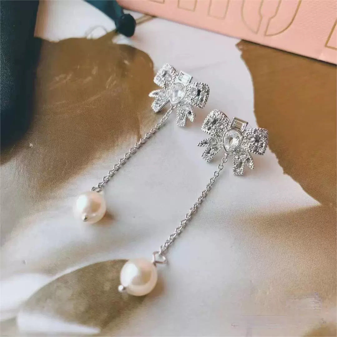 Bowknot Full Diamond Pearl Temperament Entry Earrings