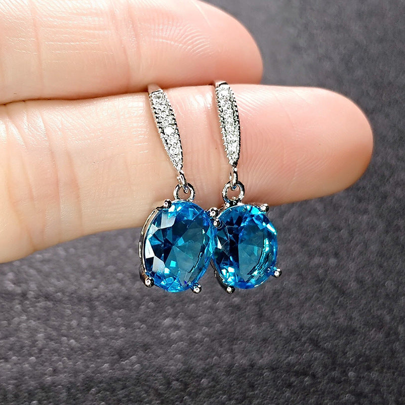 Aquamarine Stone Temperament Egg-shaped Sapphire Inlaid Ear Hook
