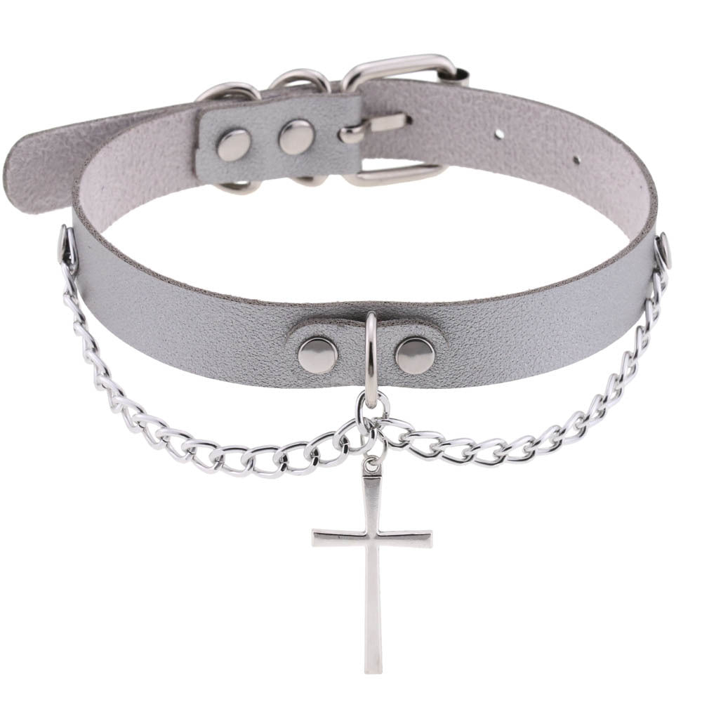 Leather Chain Cross Clavicle Classic Neckband Collar