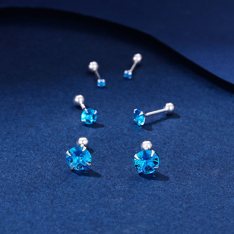 Sier Pure Female Summer Niche Design Zircon Blue Ear Bone Stud Earrings