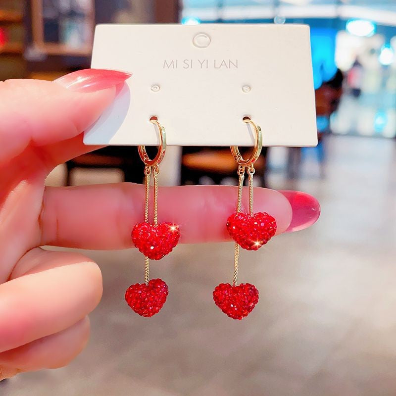 Graceful Fashionable Red Heart-shaped Long Advanced Simple Exquisite Full Earrings