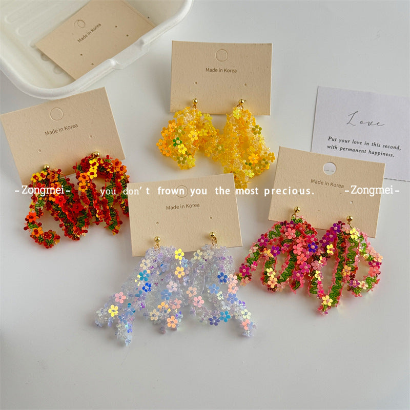 Imported Laser Flower Handmade Ear Clip Beaded Combination Earrings