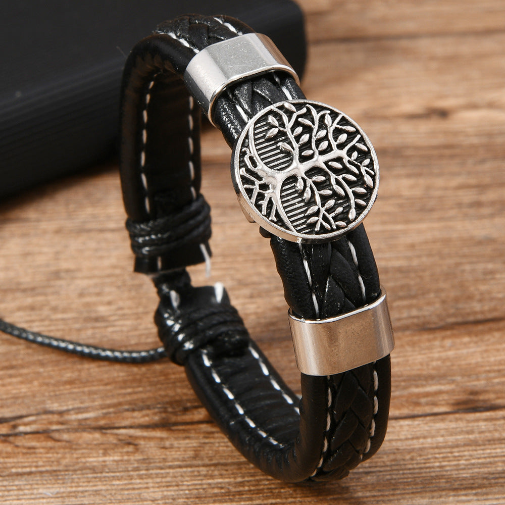 Men's Hand-woven Beads Metal Lucky Tree Leather Bracelets