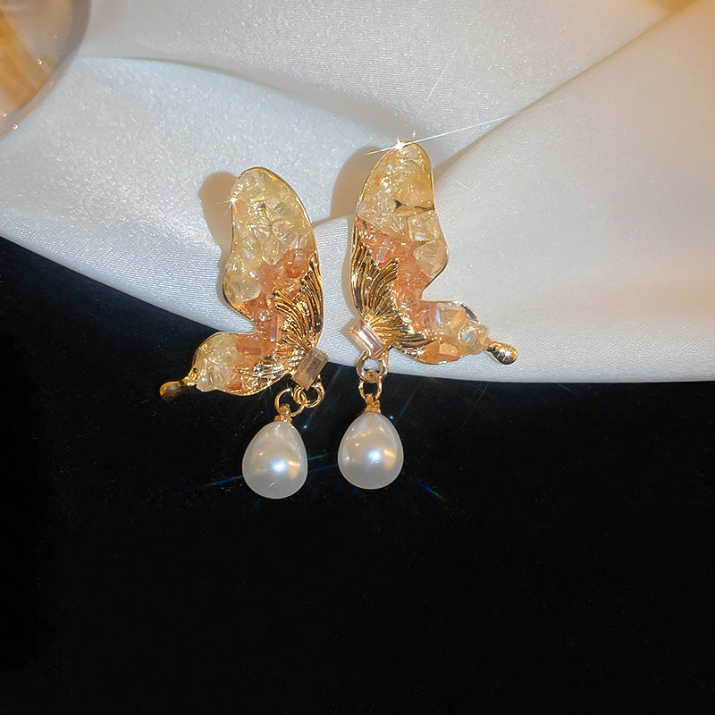 Blue Crystal Butterfly Flower Fashion Simple Fresh Light Luxury High Earrings