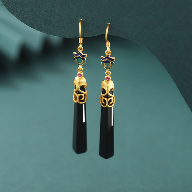 Women's Er Sier Black Agate Simple Long Earrings