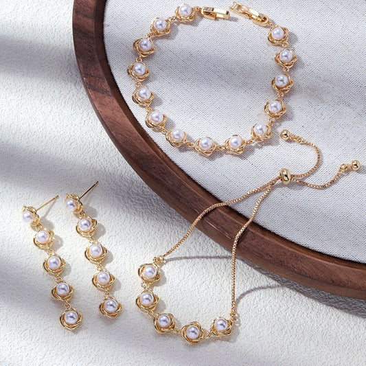 Luxury French Pearl Three-piece Gold Winding Shell Elegant Jewelry Set
