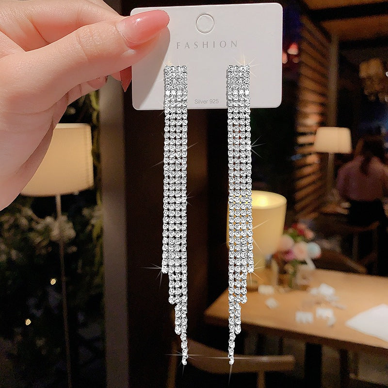 Women's Fashion Exaggerated Rhinestone Long Fringe High-grade Earrings