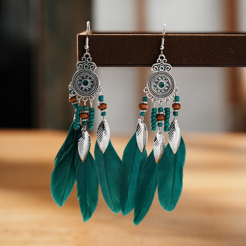 Feather Round Drop Oil Craft Retro Ethnic Earrings